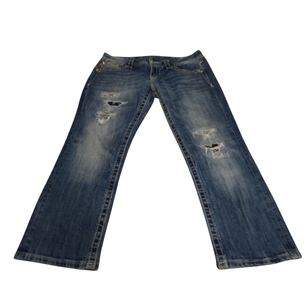 Miss Me Signature Women's Blue Crop Distressed Rhinestones Jeans Size 29 - Picture 3 of 13